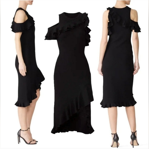 ALC Kellam Black Ribbed Cold Shoulder Ruffle Trim Stretch Knit Midi Dress Large - Picture 4 of 16